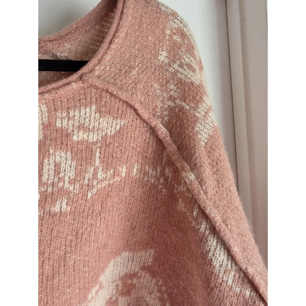 Free People Sweater Size S Pink Cream Floral Scoop Neck 3/4 Sleeve Pullover